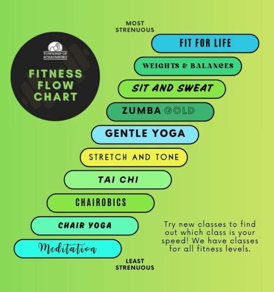 Classes are categorized from least strenuous to most, in this order: (Chair) Meditation, Chair Yoga, Chairobics, Tai Chi, Stretch and Tone, Gentle Yoga, Zumba Gold, Sit and Sweat, Weights & Balances, Fit for Life.