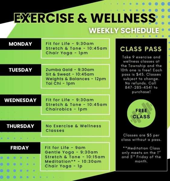 The weekly schedule for exercise and wellness classes is as follows: Monday: Fit for Life at 9:30am, Stretch & Tone at 10:45am, Chair Yoga at 1pm Tuesday: Zumba Gold at 9:30am, Sit & Sweat at 10:45am, Weights & Balances at 12pm, Tai Chi at 1pm Wednesday: Fit for Life at 9:30am, Stretch & Tone at 10:45am, Chairobics at 1pm Thursday: No Exercise & Wellness Classes Friday: Fit for Life at 9am, Gentle Yoga at 9:30am, Stretch & Tone at 10:15am, (Chair) Meditation** at 10:30am, Chair Yoga at 1pm