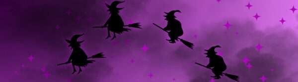 animated graphic of witches flying across a purple sky